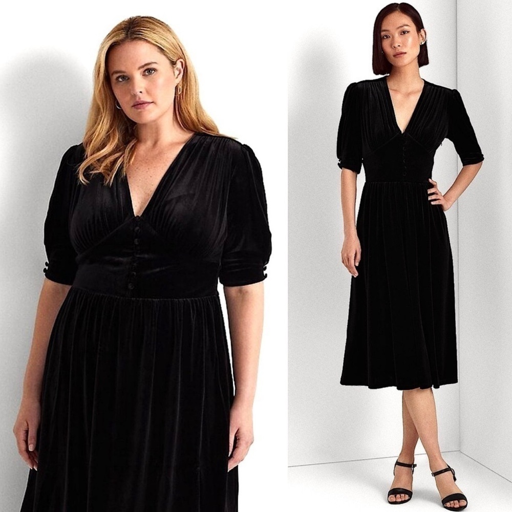 NWT RALPH LAUREN Velvet Puff Short Sleeve Shirred V-Neck Empire Waist Dress 2X